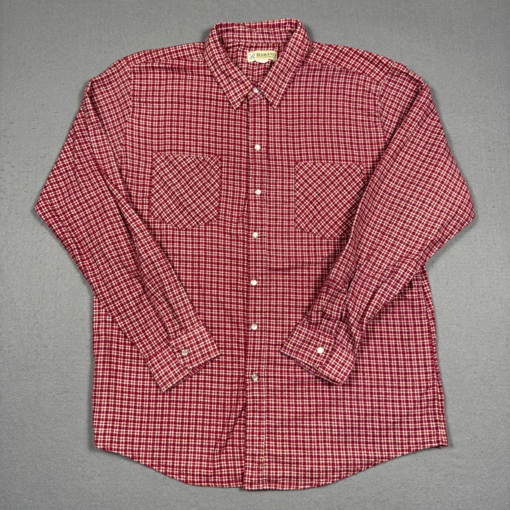 Haband Flannel Shirt Mens XL Red Plaid Long Sleeve Button Up Vintage Workwear